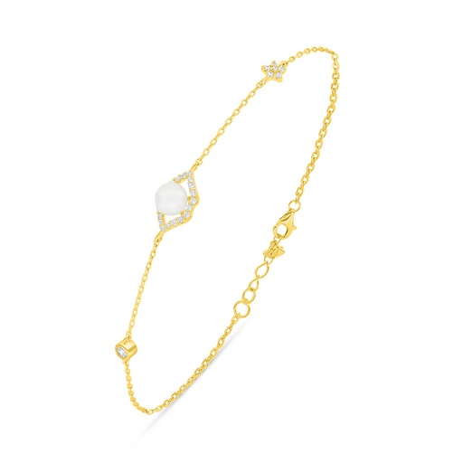 [BRC02FPR00WCZB389] Sterling Silver 925 Bracelet Golden Plated Embedded With Natural White Pearl And White Zircon