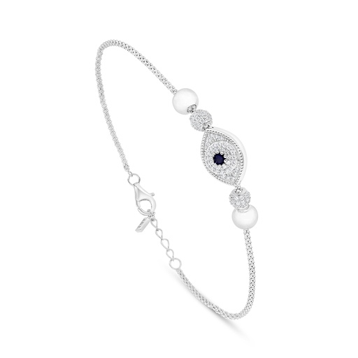 [BRC01SAP00WCZB384] Sterling Silver 925 Bracelet Rhodium Plated Embedded With Natural White Pearl And Sapphire Corundum