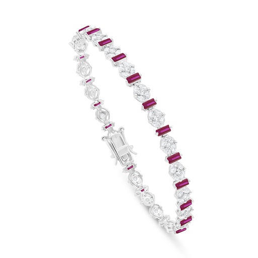 [BRC01RUB00WCZB290] Sterling Silver 925 Bracelet Rhodium Plated Embedded With Ruby Corundum And White Zircon