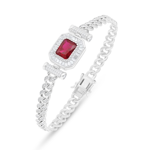 [BRC01RUB00WCZB363] Sterling Silver 925 Bracelet Rhodium Plated Embedded With Ruby Corundum And White Zircon