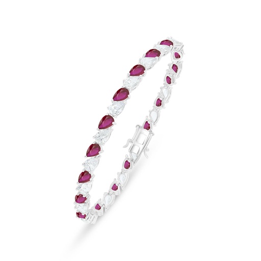 [BRC01RUB00WCZB245] Sterling Silver 925 Bracelet Rhodium Plated Embedded With Ruby Corundum And White Zircon