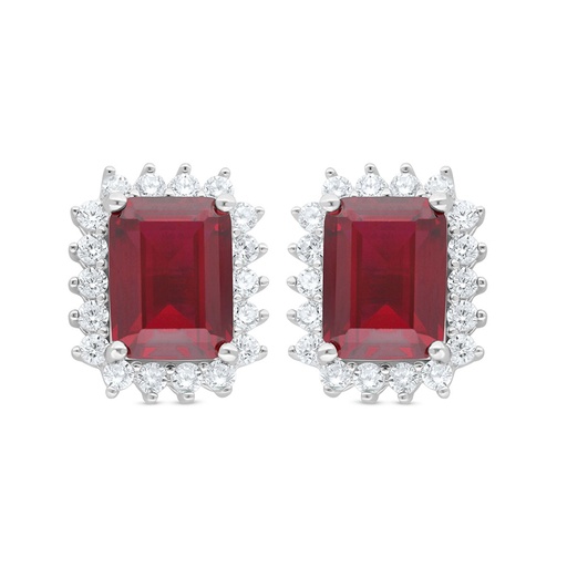 [EAR01RUB00WCZC834] Sterling Silver 925 Earring Rhodium Plated Embedded With Ruby Corundum And White Zircon