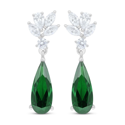 [EAR01EMR00WCZC835] Sterling Silver 925 Earring Rhodium Plated Embedded With Emerald Zircon And White Zircon