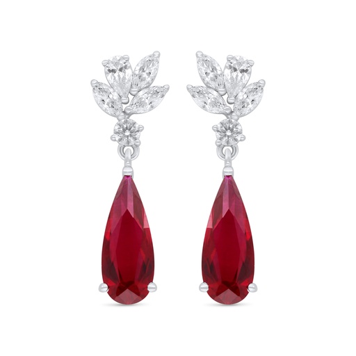 [EAR01RUB00WCZC835] Sterling Silver 925 Earring Rhodium Plated Embedded With Ruby Corundum And White Zircon
