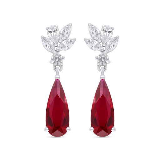 [EAR01RUB00WCZC835] Sterling Silver 925 Earring Rhodium Plated Embedded With Ruby Corundum And White Zircon