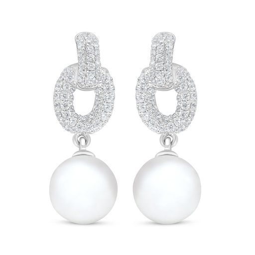 [EAR01FPR00WCZC841] Sterling Silver 925 Earring Rhodium Plated Embedded With Natural White Pearl And White Shell