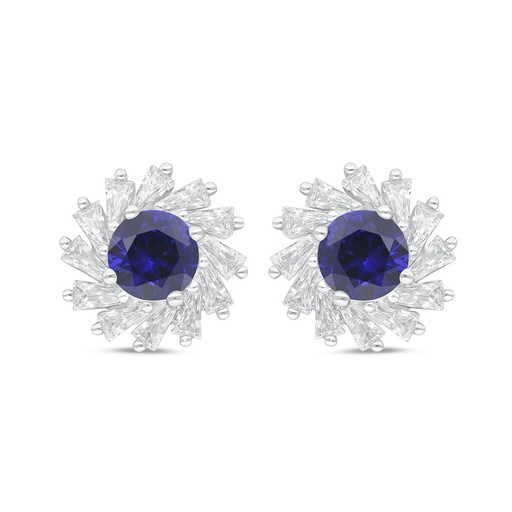 [EAR01SAP00WCZC843] Sterling Silver 925 Earring Rhodium Plated Embedded With Sapphire Corundum And White Zircon