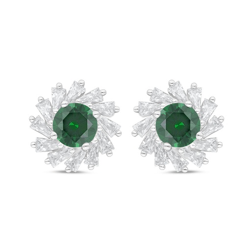 [EAR01EMR00WCZC843] Sterling Silver 925 Earring Rhodium Plated Embedded With Emerald Zircon And White Zircon