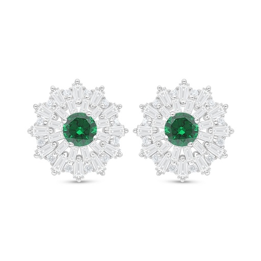 [EAR01EMR00WCZC844] Sterling Silver 925 Earring Rhodium Plated Embedded With Emerald Zircon And White Zircon