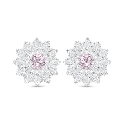 [EAR01PIK00WCZC844] Sterling Silver 925 Earring Rhodium Plated Embedded With Pink Zircon And White Zircon