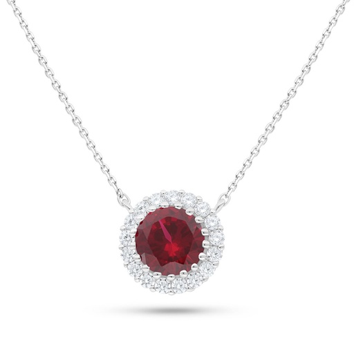 [NCL01RUB00WCZB916] Sterling Silver 925 Necklace Rhodium Plated Embedded With Ruby Corundum And White Zircon