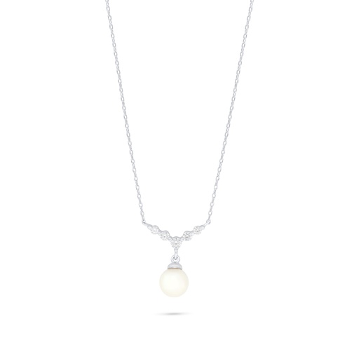 [NCL01FPR00WCZB922] Sterling Silver 925 Necklace Rhodium Plated Embedded With Natural White Pearl And White Zircon 