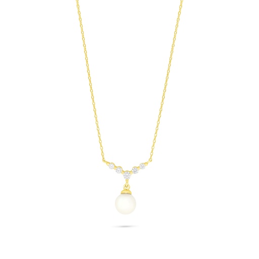 [NCL02FPR00WCZB922] Sterling Silver 925 Necklace Golden Plated Embedded With Natural White Pearl And White Zircon 