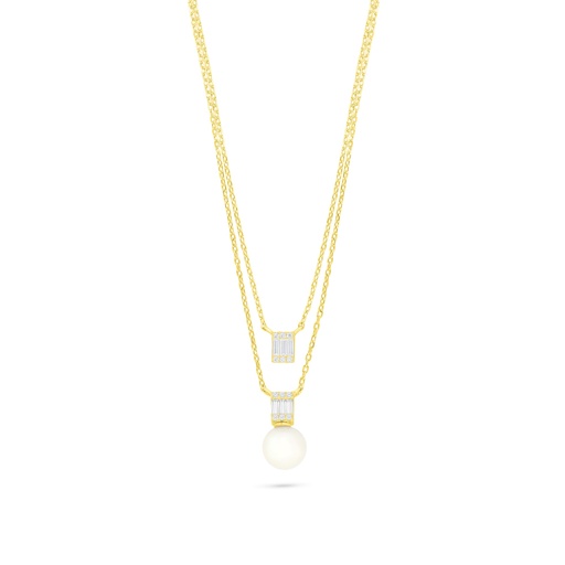 [NCL02FPR00WCZB923] Sterling Silver 925 Necklace Golden Plated Embedded With Natural White Pearl And White Zircon 