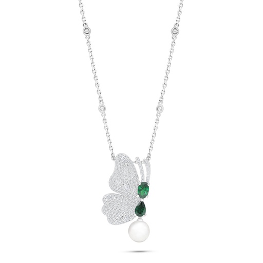 [NCL01FPR00EMRB924] Sterling Silver 925 Necklace Rhodium Plated Embedded With Natural White Pearl And Emerald Zircon And White Zircon