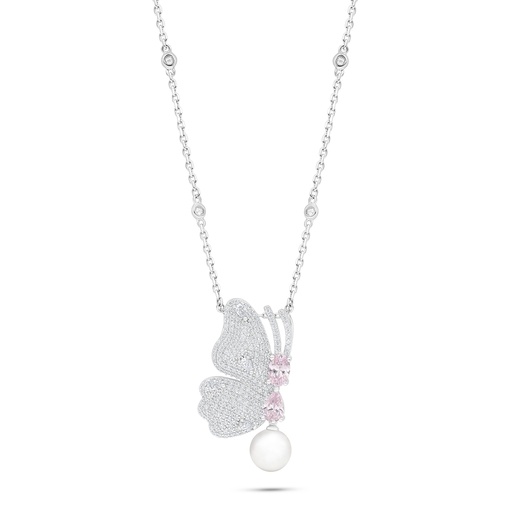 [NCL01FPR00PIKB924] Sterling Silver 925 Necklace Rhodium Plated Embedded With Natural White Pearl And Pink Zircon And White Zircon