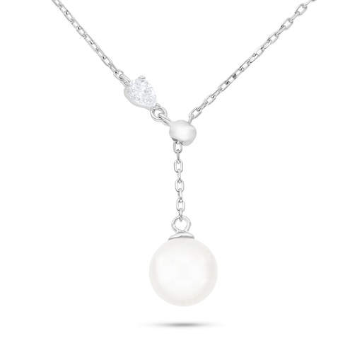 [NCL01FPR00WCZB925] Sterling Silver 925 Necklace Rhodium Plated Embedded With Natural White Pearl And White Zircon