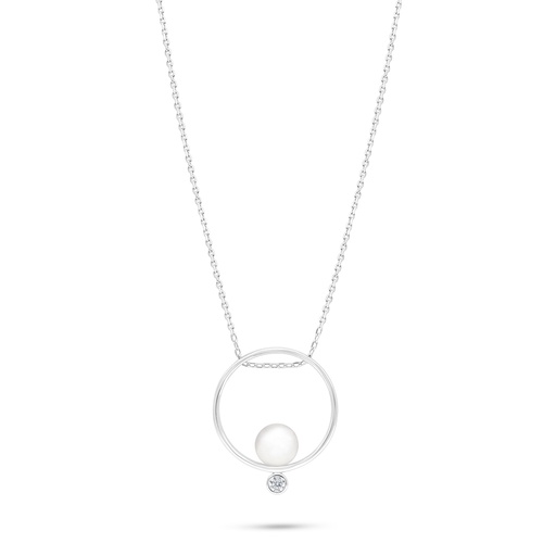 [NCL01FPR00WCZB930] Sterling Silver 925 Necklace Rhodium Plated Embedded With Natural White Pearl And White Zircon 