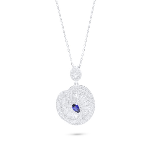 [NCL01SAP00WCZB934] Sterling Silver 925 Necklace Rhodium Plated Embedded With Sapphire Corundum And White Zircon