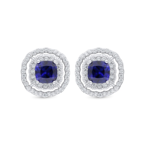 [EAR01SAP00WCZC852] Sterling Silver 925 Earring Rhodium Plated Embedded With Sapphire Corundum And White Zircon
