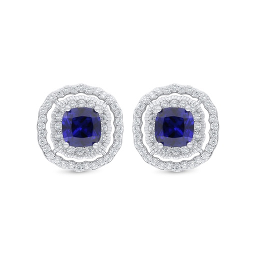 [EAR01SAP00WCZC852] Sterling Silver 925 Earring Rhodium Plated Embedded With Sapphire Corundum And White Zircon