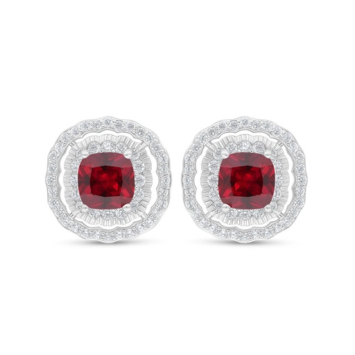 [EAR01RUB00WCZC852] Sterling Silver 925 Earring Rhodium Plated Embedded With Ruby Corundum And White Zircon