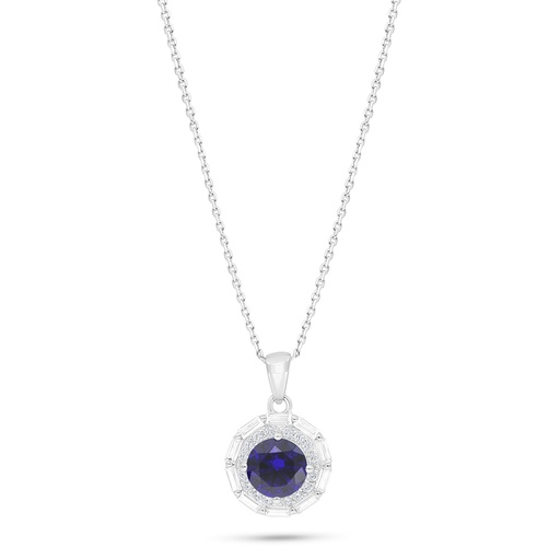 [NCL01SAP00WCZB936] Sterling Silver 925 Necklace Rhodium Plated Embedded With Sapphire Corundum And White Zircon