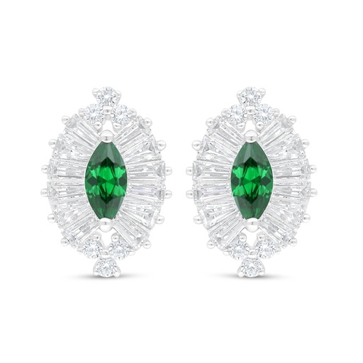 [EAR01EMR00WCZC854] Sterling Silver 925 Earring Rhodium Plated Embedded With Emerald Zircon And White Zircon