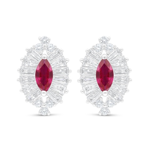 [EAR01RUB00WCZC854] Sterling Silver 925 Earring Rhodium Plated Embedded With Ruby Corundum And White Zircon