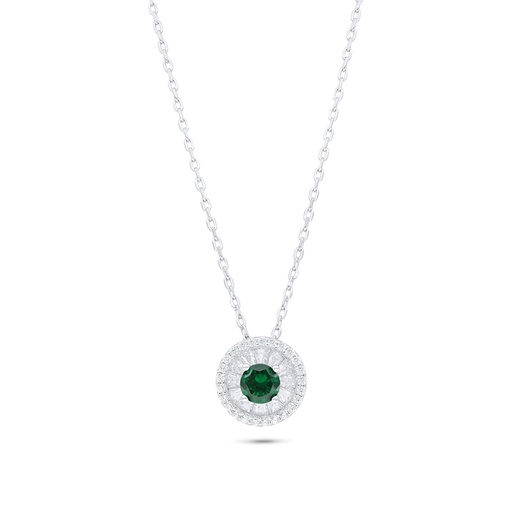 [NCL01EMR00WCZB847] Sterling Silver 925 Necklace Rhodium Plated Embedded With Emerald Zircon And White Zircon