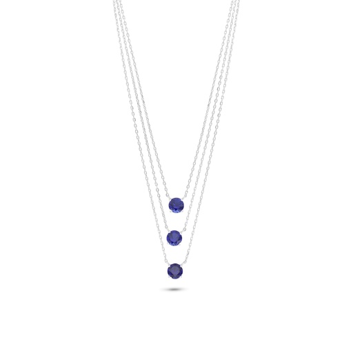 [NCL01SAP00WCZB856] Sterling Silver 925 Necklace Rhodium Plated Embedded With Sapphire Corundum And White Zircon