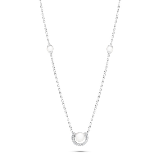 [NCL01FPR00WCZB874] Sterling Silver 925 Necklace Rhodium Plated Embedded With Natural White Pearl And White Zircon 