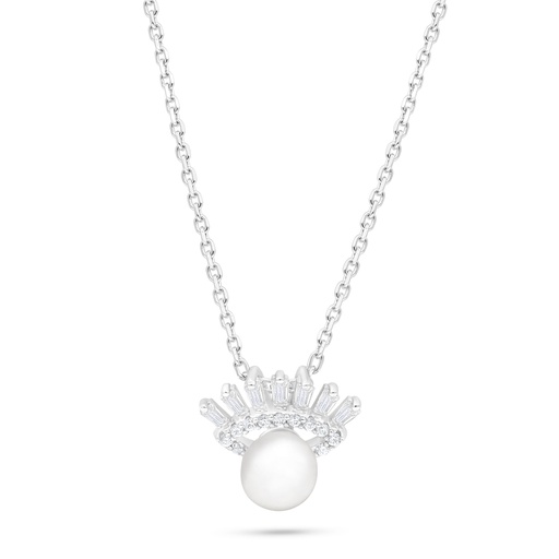 [NCL01FPR00WCZB882] Sterling Silver 925 Necklace Rhodium Plated Embedded With Natural White Pearl And White Zircon