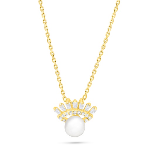 [NCL02FPR00WCZB882] Sterling Silver 925 Necklace Golden Plated Embedded With Natural White Pearl And White Zircon