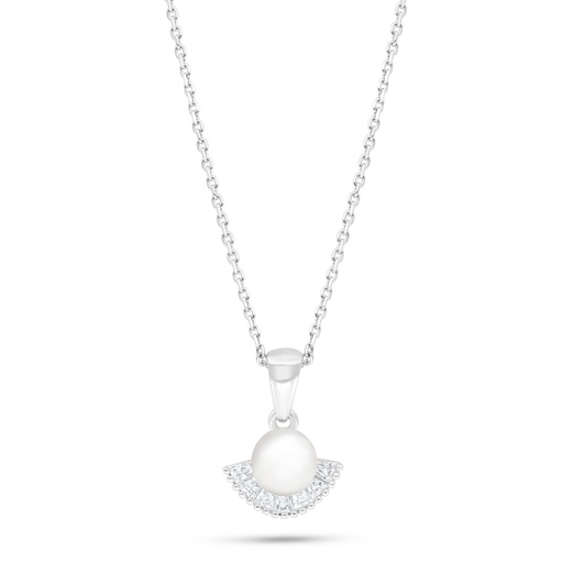 [NCL01FPR00WCZB884] Sterling Silver 925 Necklace Rhodium Plated Embedded With Natural White Pearl And White Zircon