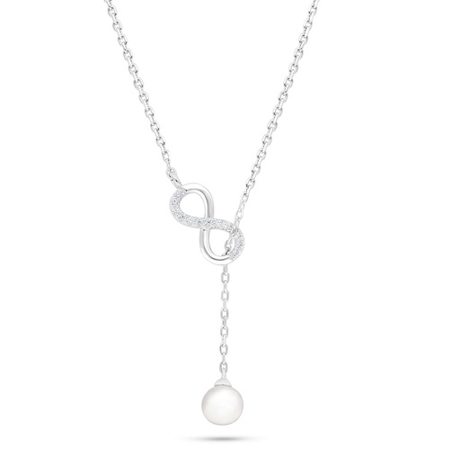 [NCL01FPR00WCZB887] Sterling Silver 925 Necklace Rhodium Plated Embedded With Natural White Pearl And White Zircon