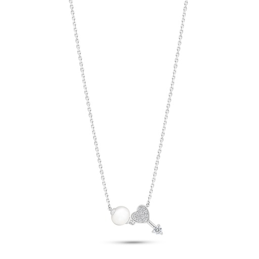 [NCL01FPR00WCZB893] Sterling Silver 925 Necklace Rhodium Plated Embedded With Natural White Pearl And White Zircon 