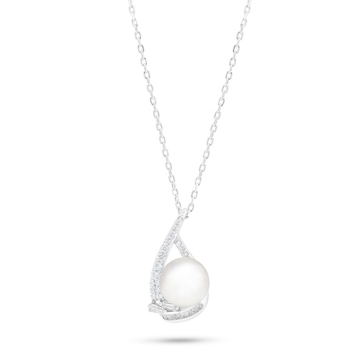 [NCL01FPR00WCZB895] Sterling Silver 925 Necklace Rhodium Plated Embedded With Natural White Pearl And White Zircon