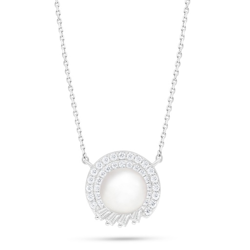 [NCL01FPR00WCZB901] Sterling Silver 925 Necklace Rhodium Plated Embedded With Natural White Pearl And White Zircon