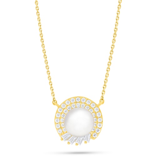 [NCL02FPR00WCZB901] Sterling Silver 925 Necklace Golden Plated Embedded With Natural White Pearl And White Zircon