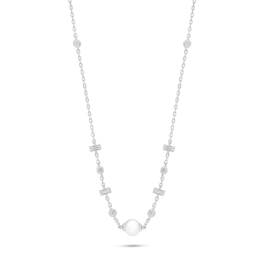 [NCL01FPR00WCZB903] Sterling Silver 925 Necklace Rhodium Plated Embedded With Natural White Pearl And White Zircon 