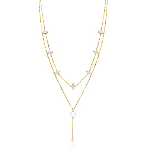 [NCL02FPR00WCZB904] Sterling Silver 925 Necklace Golden Plated Embedded With Natural White Pearl And White Zircon 