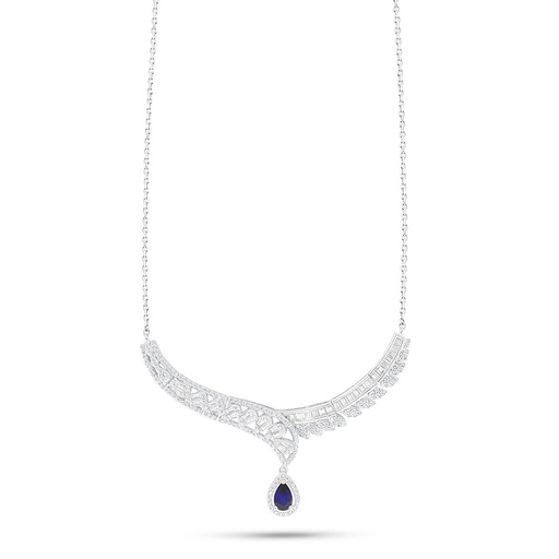 [NCL01SAP00WCZB958] Sterling Silver 925 Necklace Rhodium Plated Embedded With Sapphire Corundum And White Zircon