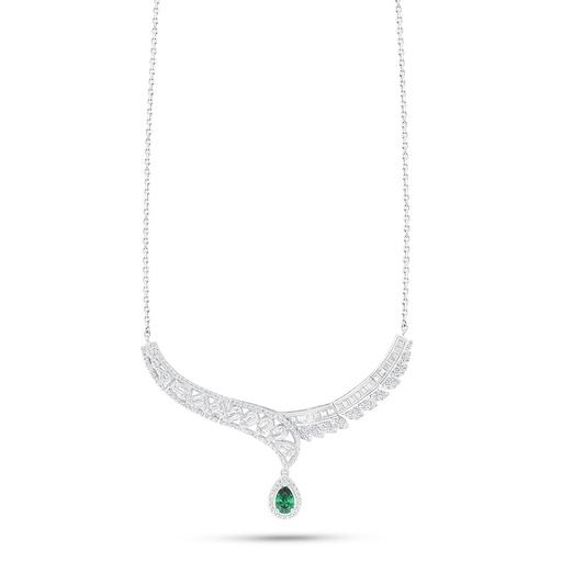 [NCL01EMR00WCZB958] Sterling Silver 925 Necklace Rhodium Plated Embedded With Emerald Zircon And White Zircon