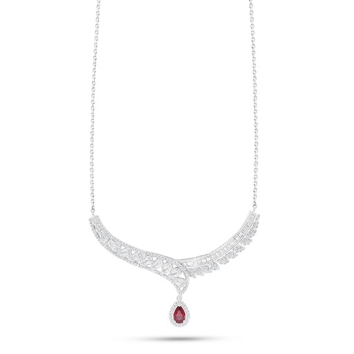 [NCL01RUB00WCZB958] Sterling Silver 925 Necklace Rhodium Plated Embedded With Ruby Corundum And White Zircon