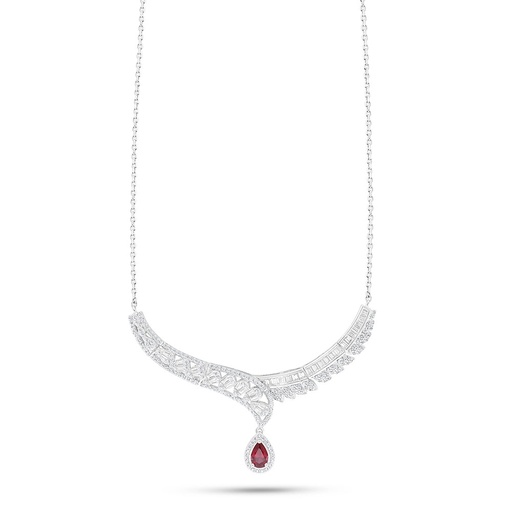 [NCL01RUB00WCZB958] Sterling Silver 925 Necklace Rhodium Plated Embedded With Ruby Corundum And White Zircon