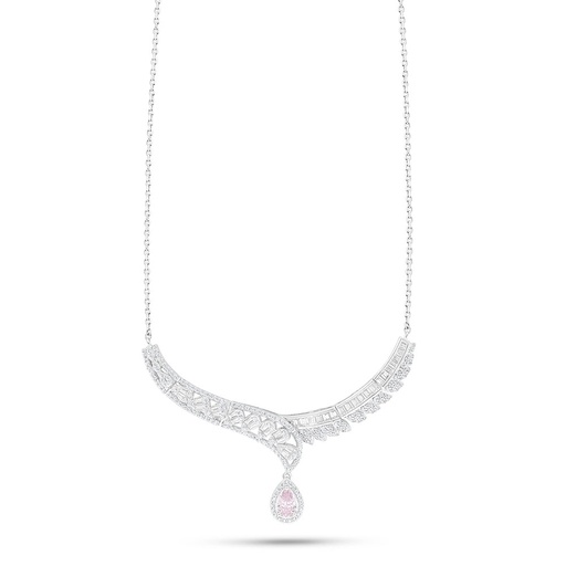 [NCL01PIK00WCZB958] Sterling Silver 925 Necklace Rhodium Plated Embedded With Pink Zircon And White Zircon