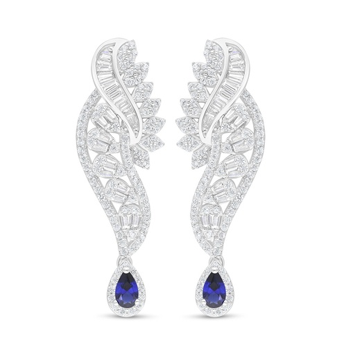 [EAR01SAP00WCZC876] Sterling Silver 925 Earring Rhodium Plated Embedded With Sapphire Corundum And White Zircon