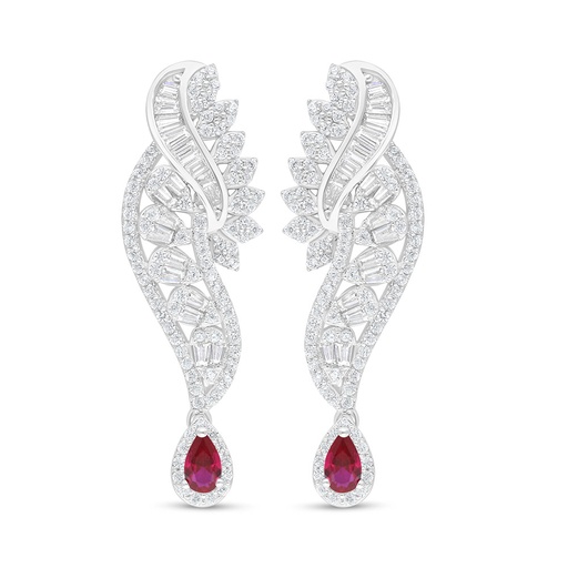 [EAR01RUB00WCZC876] Sterling Silver 925 Earring Rhodium Plated Embedded With Ruby Corundum And White Zircon