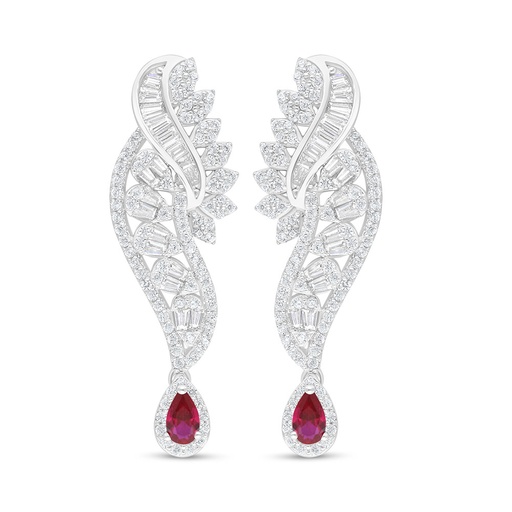 [EAR01RUB00WCZC876] Sterling Silver 925 Earring Rhodium Plated Embedded With Ruby Corundum And White Zircon